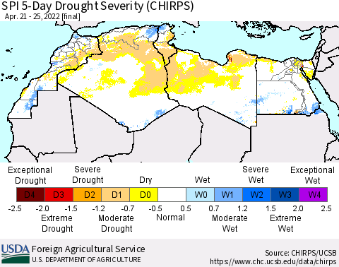 North Africa SPI 5-Day Drought Severity (CHIRPS) Thematic Map For 4/21/2022 - 4/25/2022