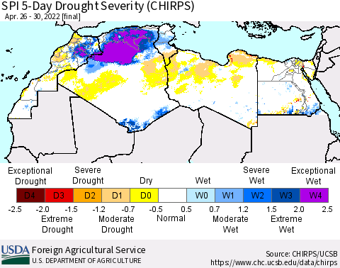 North Africa SPI 5-Day Drought Severity (CHIRPS) Thematic Map For 4/26/2022 - 4/30/2022