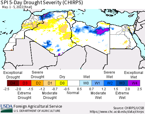 North Africa SPI 5-Day Drought Severity (CHIRPS) Thematic Map For 5/1/2022 - 5/5/2022