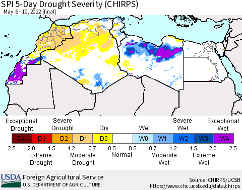 North Africa SPI 5-Day Drought Severity (CHIRPS) Thematic Map For 5/6/2022 - 5/10/2022