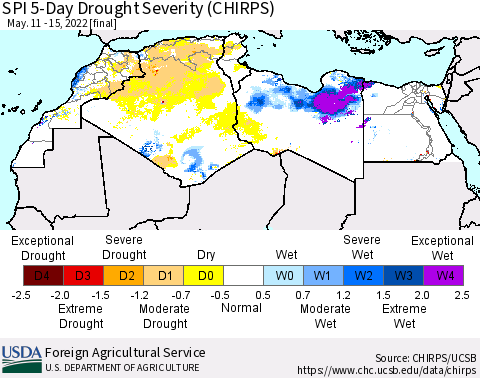 North Africa SPI 5-Day Drought Severity (CHIRPS) Thematic Map For 5/11/2022 - 5/15/2022