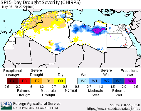 North Africa SPI 5-Day Drought Severity (CHIRPS) Thematic Map For 5/16/2022 - 5/20/2022