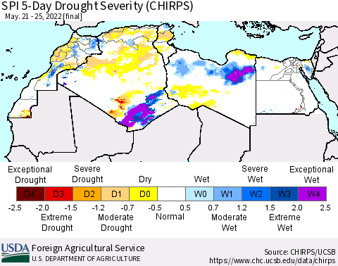 North Africa SPI 5-Day Drought Severity (CHIRPS) Thematic Map For 5/21/2022 - 5/25/2022