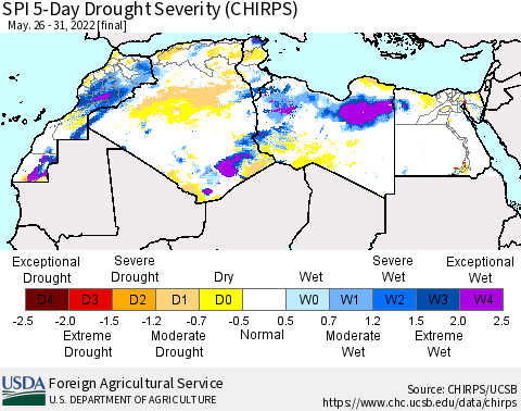North Africa SPI 5-Day Drought Severity (CHIRPS) Thematic Map For 5/26/2022 - 5/31/2022