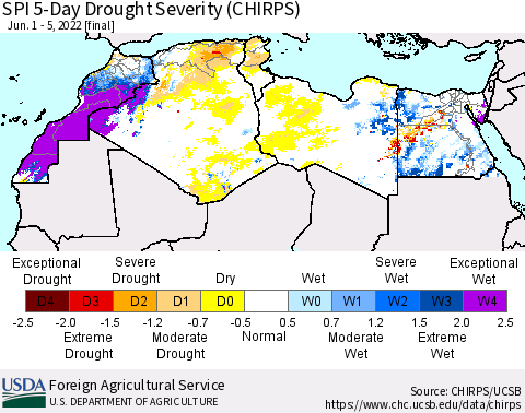 North Africa SPI 5-Day Drought Severity (CHIRPS) Thematic Map For 6/1/2022 - 6/5/2022