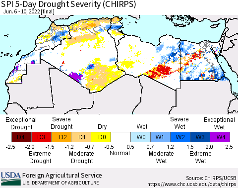 North Africa SPI 5-Day Drought Severity (CHIRPS) Thematic Map For 6/6/2022 - 6/10/2022