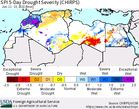 North Africa SPI 5-Day Drought Severity (CHIRPS) Thematic Map For 6/11/2022 - 6/15/2022