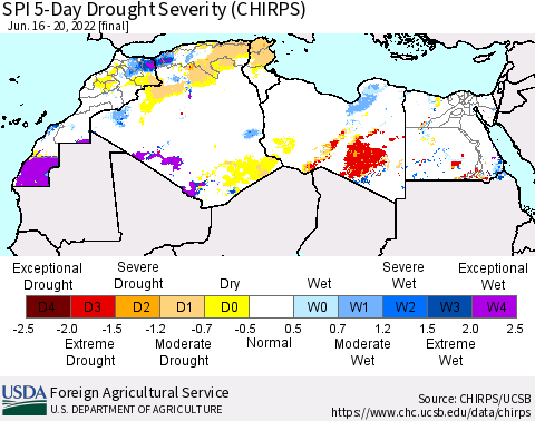 North Africa SPI 5-Day Drought Severity (CHIRPS) Thematic Map For 6/16/2022 - 6/20/2022