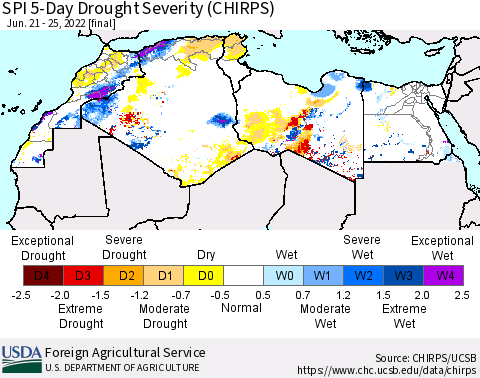 North Africa SPI 5-Day Drought Severity (CHIRPS) Thematic Map For 6/21/2022 - 6/25/2022