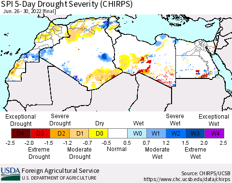 North Africa SPI 5-Day Drought Severity (CHIRPS) Thematic Map For 6/26/2022 - 6/30/2022