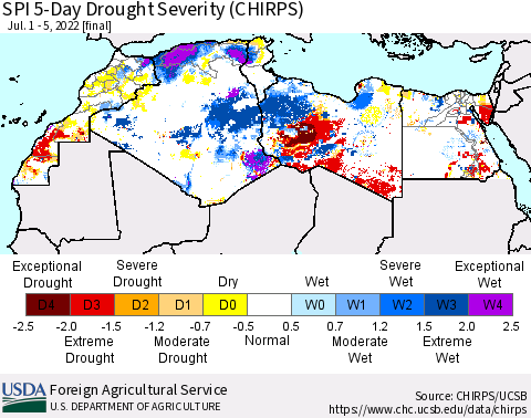 North Africa SPI 5-Day Drought Severity (CHIRPS) Thematic Map For 7/1/2022 - 7/5/2022