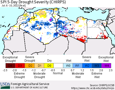 North Africa SPI 5-Day Drought Severity (CHIRPS) Thematic Map For 7/6/2022 - 7/10/2022
