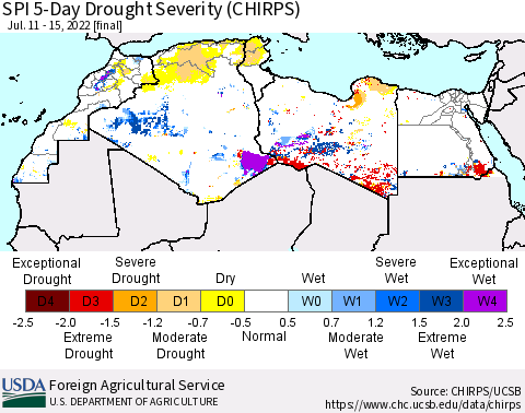 North Africa SPI 5-Day Drought Severity (CHIRPS) Thematic Map For 7/11/2022 - 7/15/2022
