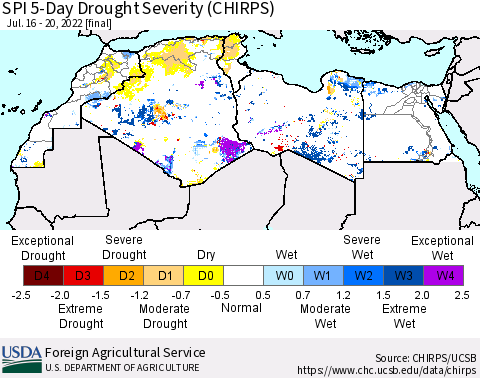 North Africa SPI 5-Day Drought Severity (CHIRPS) Thematic Map For 7/16/2022 - 7/20/2022