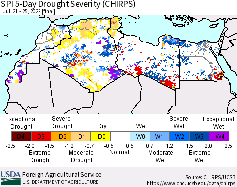 North Africa SPI 5-Day Drought Severity (CHIRPS) Thematic Map For 7/21/2022 - 7/25/2022
