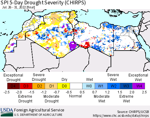 North Africa SPI 5-Day Drought Severity (CHIRPS) Thematic Map For 7/26/2022 - 7/31/2022
