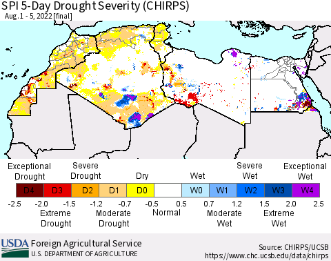 North Africa SPI 5-Day Drought Severity (CHIRPS) Thematic Map For 8/1/2022 - 8/5/2022