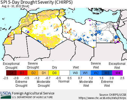 North Africa SPI 5-Day Drought Severity (CHIRPS) Thematic Map For 8/6/2022 - 8/10/2022
