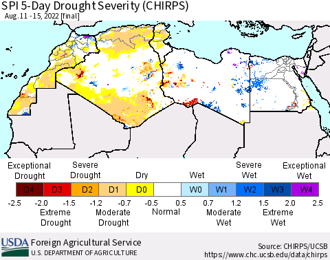 North Africa SPI 5-Day Drought Severity (CHIRPS) Thematic Map For 8/11/2022 - 8/15/2022