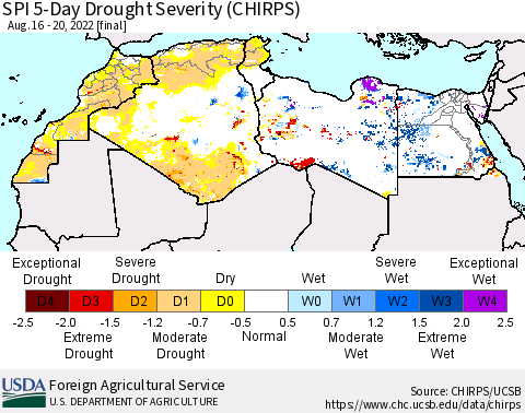 North Africa SPI 5-Day Drought Severity (CHIRPS) Thematic Map For 8/16/2022 - 8/20/2022