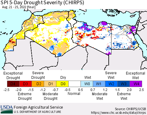 North Africa SPI 5-Day Drought Severity (CHIRPS) Thematic Map For 8/21/2022 - 8/25/2022