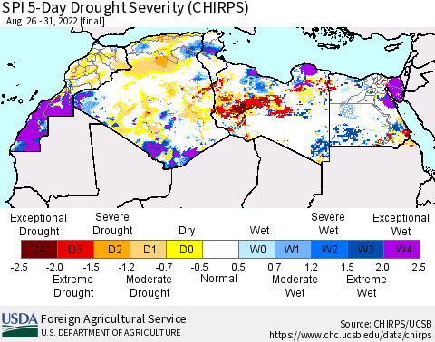 North Africa SPI 5-Day Drought Severity (CHIRPS) Thematic Map For 8/26/2022 - 8/31/2022