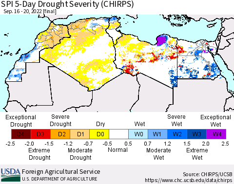 North Africa SPI 5-Day Drought Severity (CHIRPS) Thematic Map For 9/16/2022 - 9/20/2022