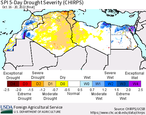 North Africa SPI 5-Day Drought Severity (CHIRPS) Thematic Map For 10/16/2022 - 10/20/2022