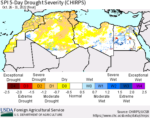 North Africa SPI 5-Day Drought Severity (CHIRPS) Thematic Map For 10/26/2022 - 10/31/2022