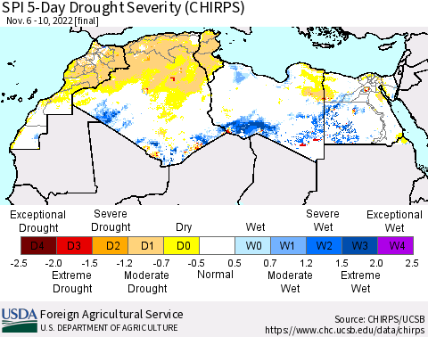 North Africa SPI 5-Day Drought Severity (CHIRPS) Thematic Map For 11/6/2022 - 11/10/2022