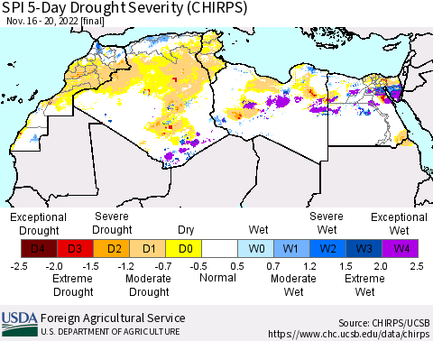 North Africa SPI 5-Day Drought Severity (CHIRPS) Thematic Map For 11/16/2022 - 11/20/2022
