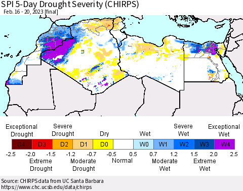 North Africa SPI 5-Day Drought Severity (CHIRPS) Thematic Map For 2/16/2023 - 2/20/2023