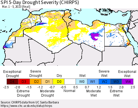 North Africa SPI 5-Day Drought Severity (CHIRPS) Thematic Map For 3/1/2023 - 3/5/2023