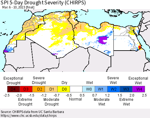 North Africa SPI 5-Day Drought Severity (CHIRPS) Thematic Map For 3/6/2023 - 3/10/2023