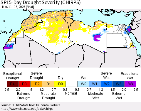 North Africa SPI 5-Day Drought Severity (CHIRPS) Thematic Map For 3/11/2023 - 3/15/2023