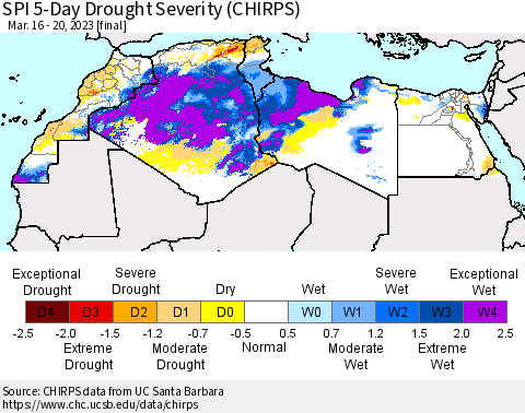 North Africa SPI 5-Day Drought Severity (CHIRPS) Thematic Map For 3/16/2023 - 3/20/2023