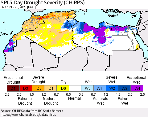 North Africa SPI 5-Day Drought Severity (CHIRPS) Thematic Map For 3/21/2023 - 3/25/2023