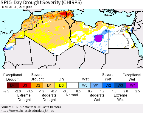 North Africa SPI 5-Day Drought Severity (CHIRPS) Thematic Map For 3/26/2023 - 3/31/2023