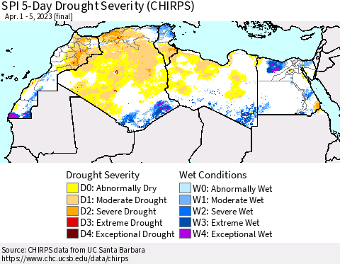 North Africa SPI 5-Day Drought Severity (CHIRPS) Thematic Map For 4/1/2023 - 4/5/2023