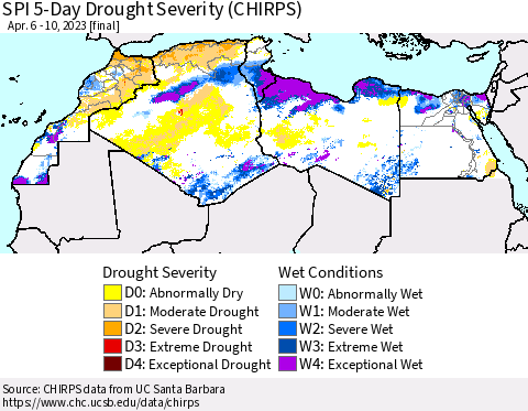 North Africa SPI 5-Day Drought Severity (CHIRPS) Thematic Map For 4/6/2023 - 4/10/2023