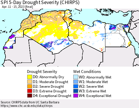 North Africa SPI 5-Day Drought Severity (CHIRPS) Thematic Map For 4/11/2023 - 4/15/2023