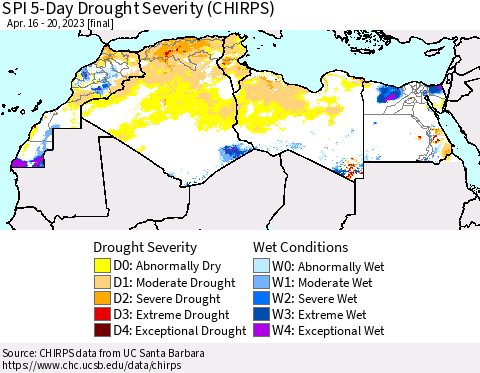 North Africa SPI 5-Day Drought Severity (CHIRPS) Thematic Map For 4/16/2023 - 4/20/2023