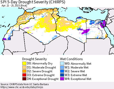 North Africa SPI 5-Day Drought Severity (CHIRPS) Thematic Map For 4/21/2023 - 4/25/2023
