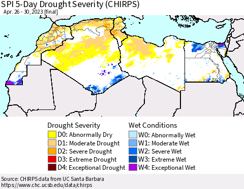 North Africa SPI 5-Day Drought Severity (CHIRPS) Thematic Map For 4/26/2023 - 4/30/2023