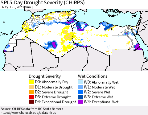 North Africa SPI 5-Day Drought Severity (CHIRPS) Thematic Map For 5/1/2023 - 5/5/2023