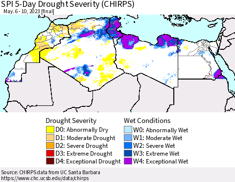 North Africa SPI 5-Day Drought Severity (CHIRPS) Thematic Map For 5/6/2023 - 5/10/2023