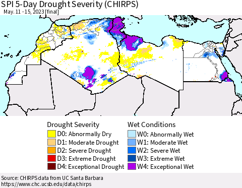 North Africa SPI 5-Day Drought Severity (CHIRPS) Thematic Map For 5/11/2023 - 5/15/2023