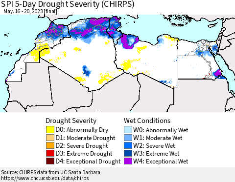 North Africa SPI 5-Day Drought Severity (CHIRPS) Thematic Map For 5/16/2023 - 5/20/2023