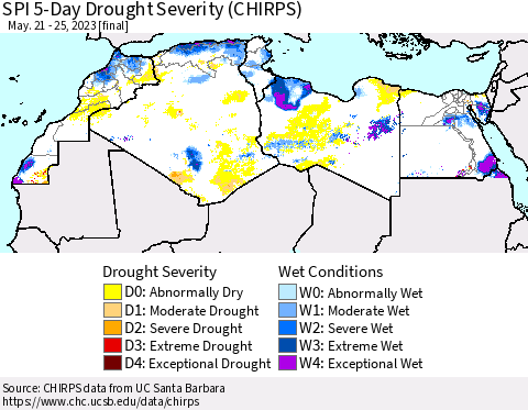 North Africa SPI 5-Day Drought Severity (CHIRPS) Thematic Map For 5/21/2023 - 5/25/2023