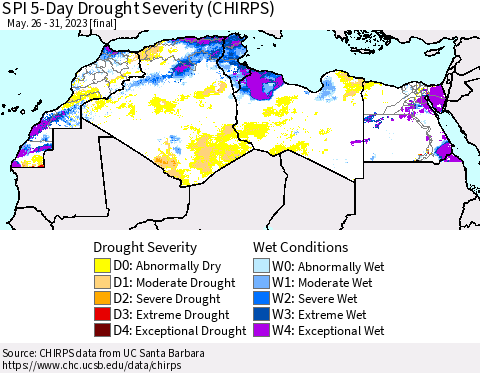 North Africa SPI 5-Day Drought Severity (CHIRPS) Thematic Map For 5/26/2023 - 5/31/2023